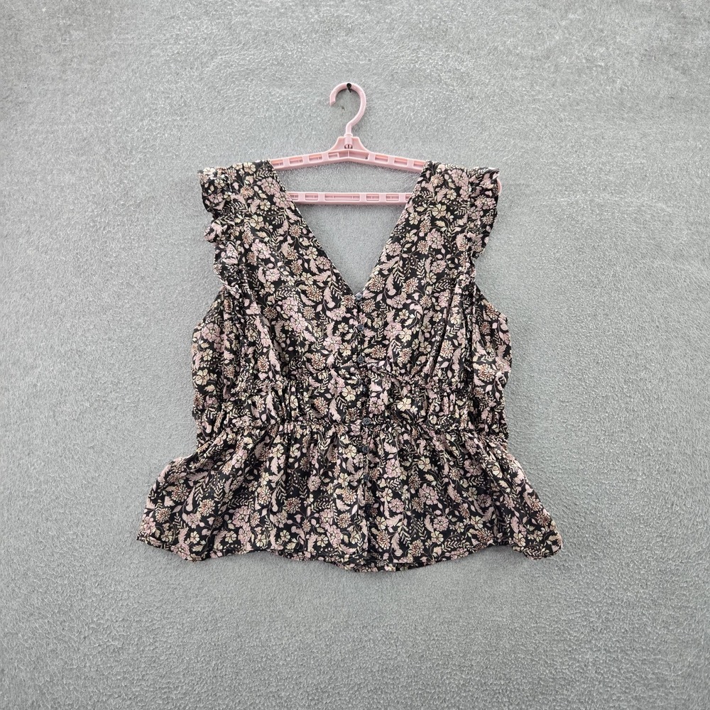Old Navy Women Blouse XL Black Floral Ruffle Square Neck Pullover